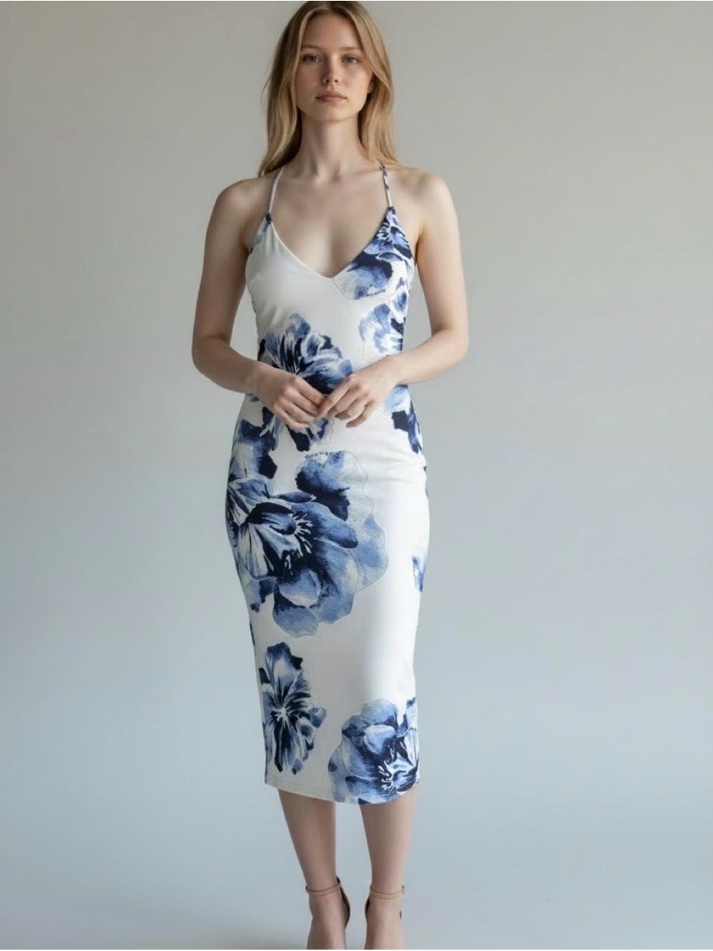 Source Unknown White Midi Dress with Blue Floral Print